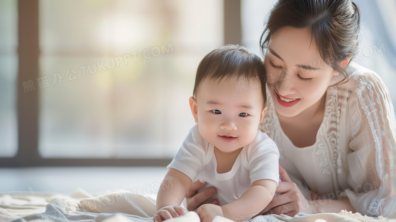 妈妈陪伴婴儿爬行锻炼图片