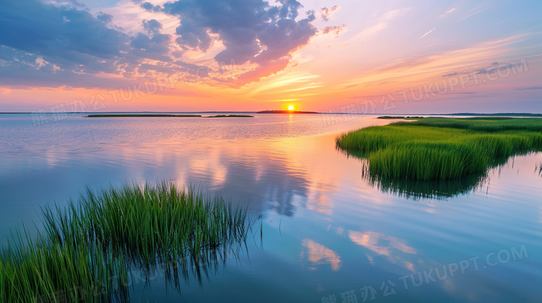 湖边草地日落夕阳风景图片