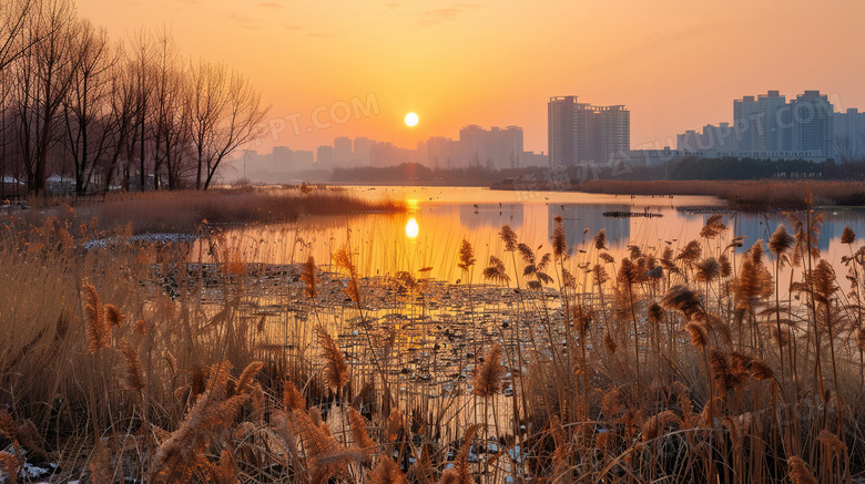 芦苇湖边日落夕阳风景图片