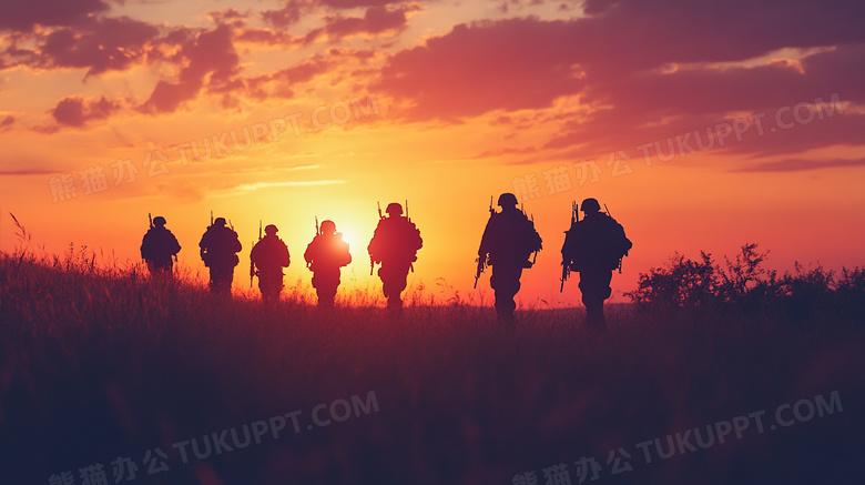 朝阳夕阳下士兵连队的剪影图片