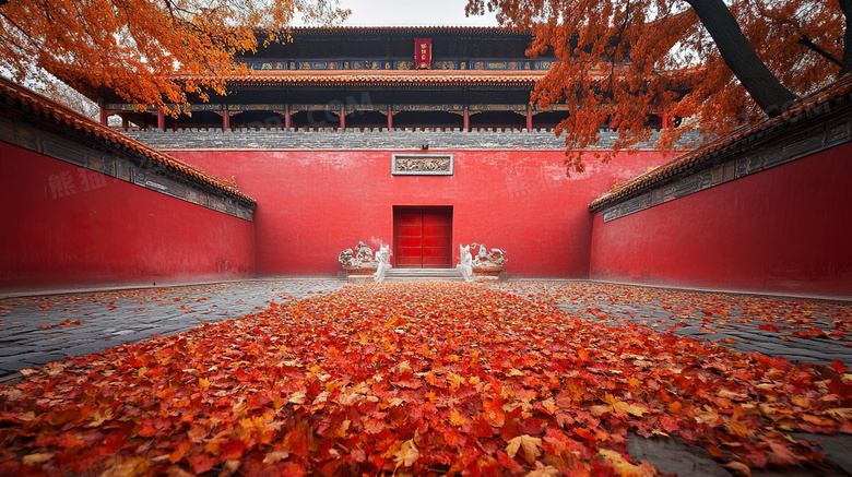 红色落叶秋天古代建筑故宫图片