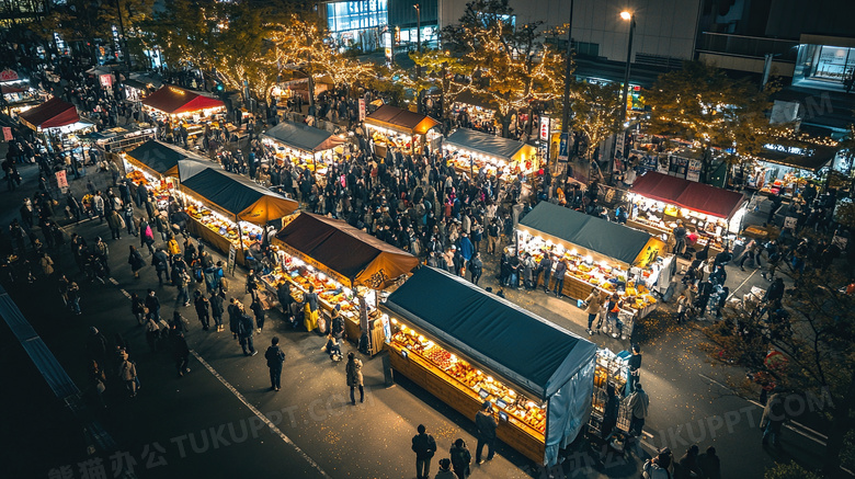 夜市步行街俯瞰摊位集市摆摊图片