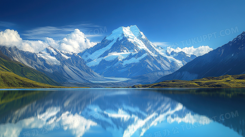 自然风景雪山与湖泊水面倒影图片