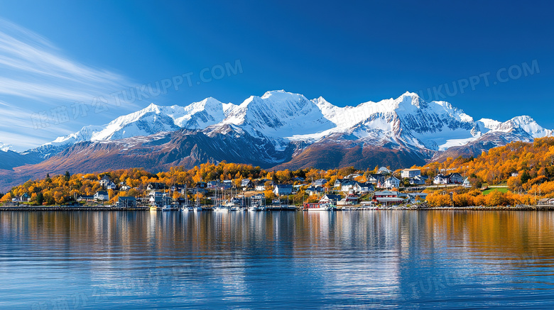 自然风景雪山与小镇插画