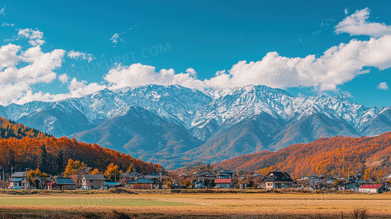 自然风景雪山与小镇插画