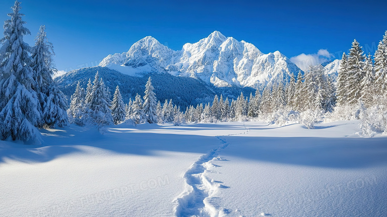 自然风景雪山雪地树林插画