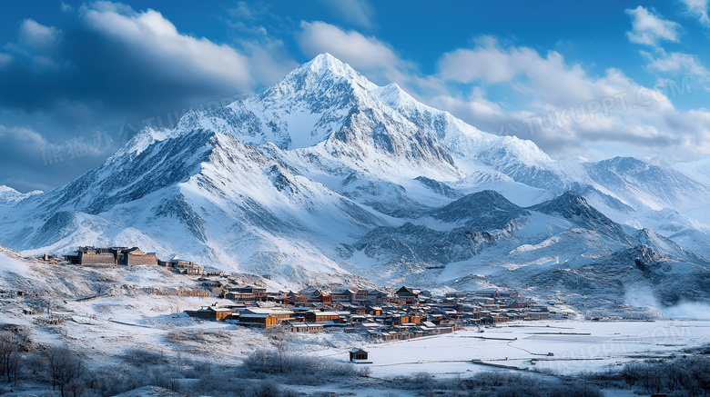 雪山高峰与中国古镇村落图片