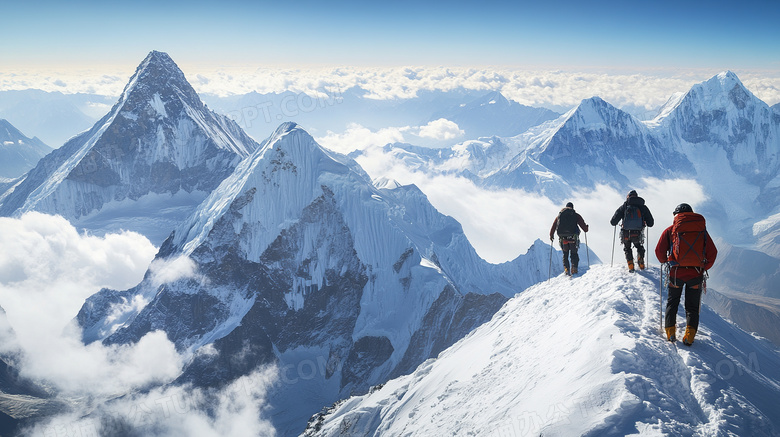 雪山高峰与登山运动员图片