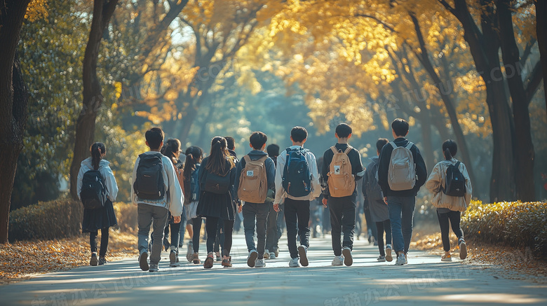 学生背着书包散步的图片