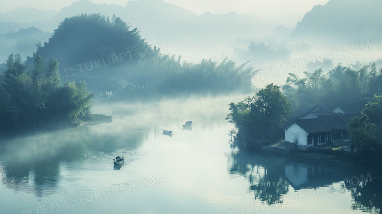 云雾中河岸农村乡村民居风景图片