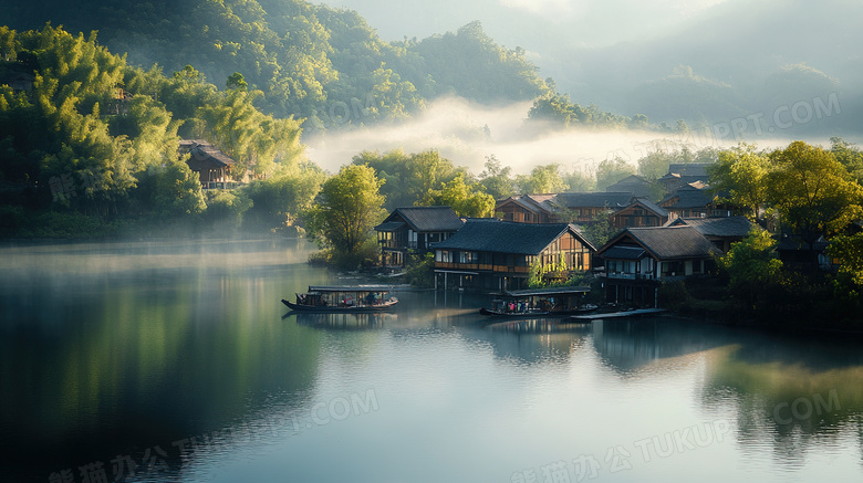 河岸农村乡村民居风景图片