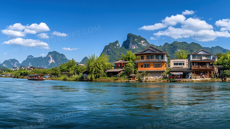 河岸农村乡村民居风景图片