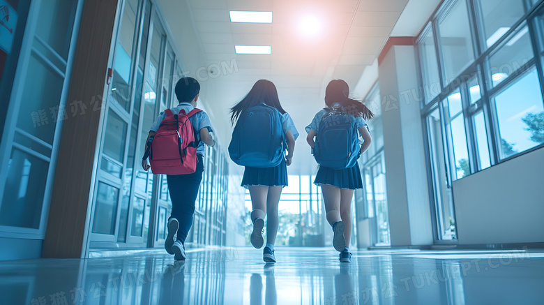 彩色小学生背着书包在走廊奔跑场景图片