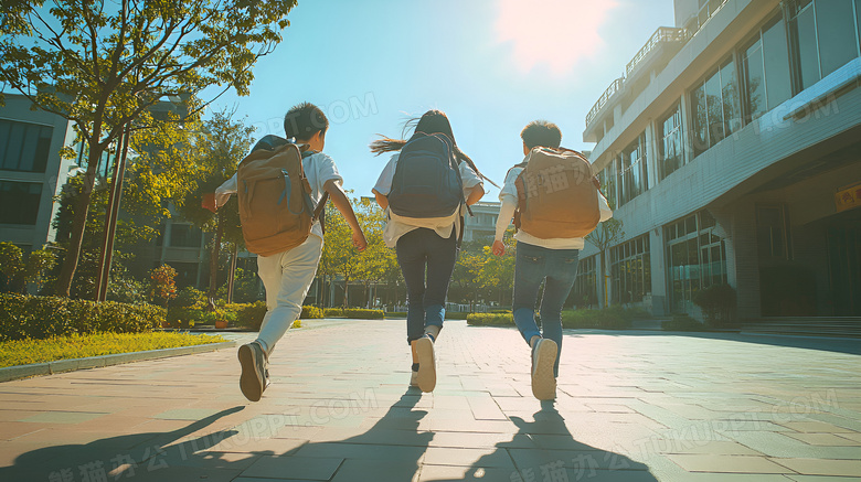 彩色小学生背着书包在学校奔跑场景图片