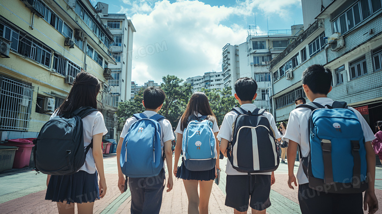 彩色中学生背着书包背影图片