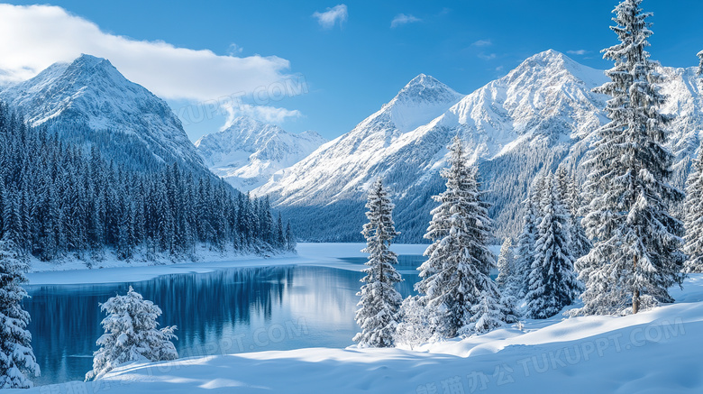 冬天白雪覆盖的雪山湖泊风景图片