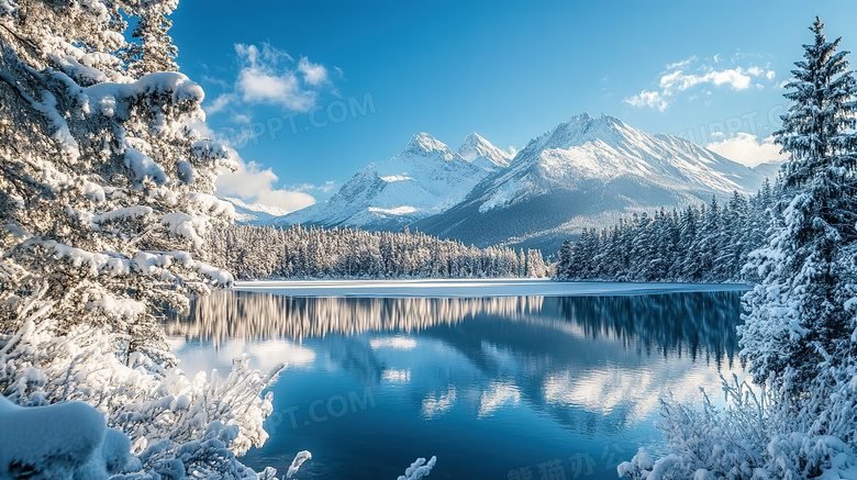 冬天白雪覆盖的雪山湖泊风景图片