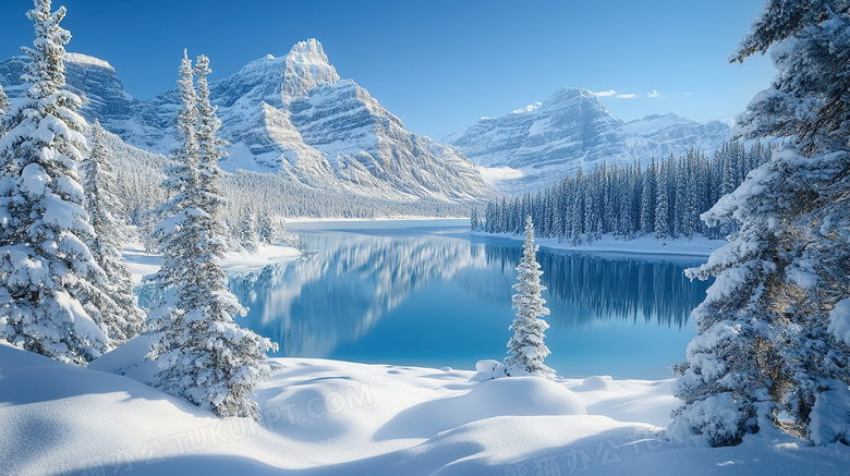 冬天白雪覆盖的雪山湖泊风景图片