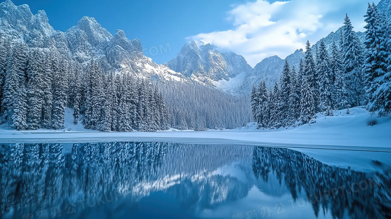 冬天白雪覆盖的雪山湖泊风景图片