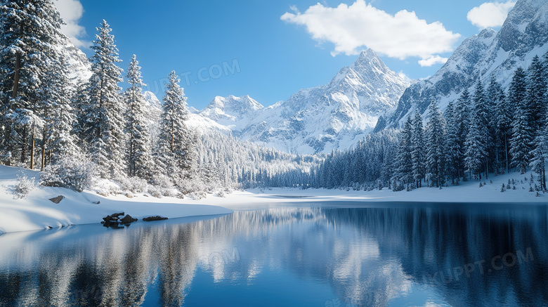 冬天白雪覆盖的雪山湖泊风景图片