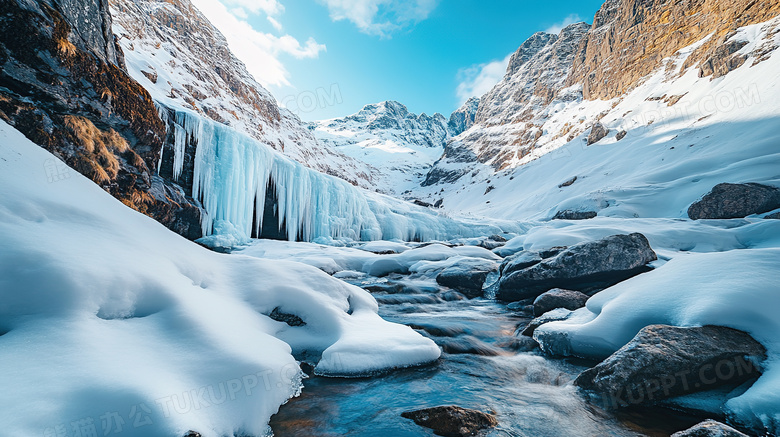 冬天雪山冰川溪流风景图片