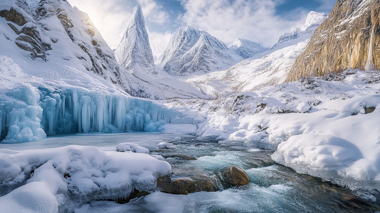 冬天雪山冰川溪流风景图片