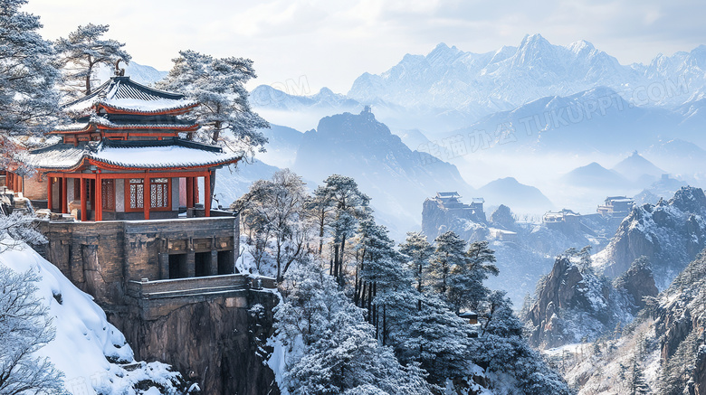 冬天雪山古建筑雪景图片