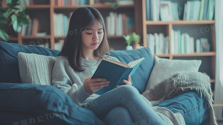 坐在沙发上看书的女子图片