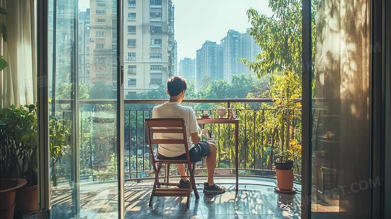 在阳台晒太阳的男子图片