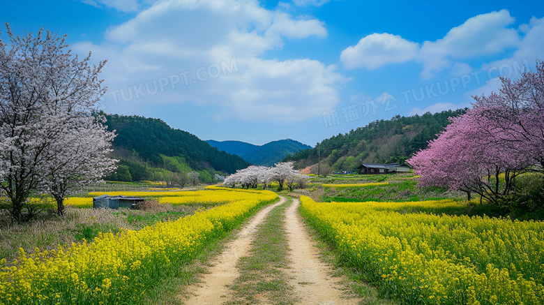 春天乡村小路场景图片