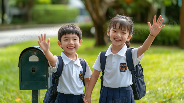 小学生背书包上学教育图片