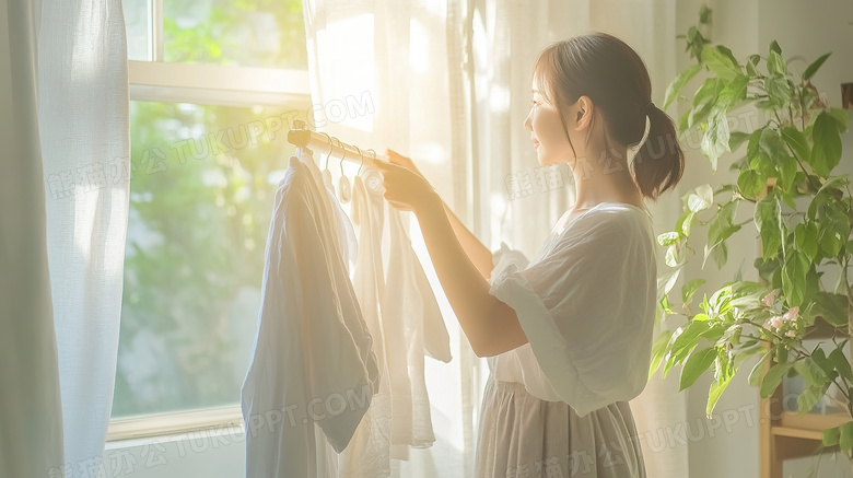 家庭生活女子晾衣服图片