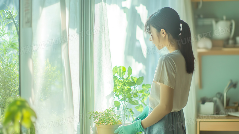 居家生活女孩种植盆栽图片