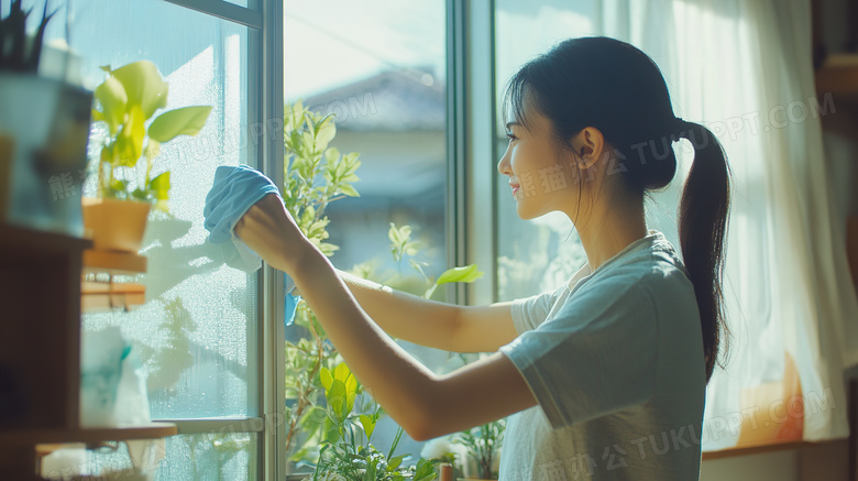 居家生活女孩擦窗户玻璃图片