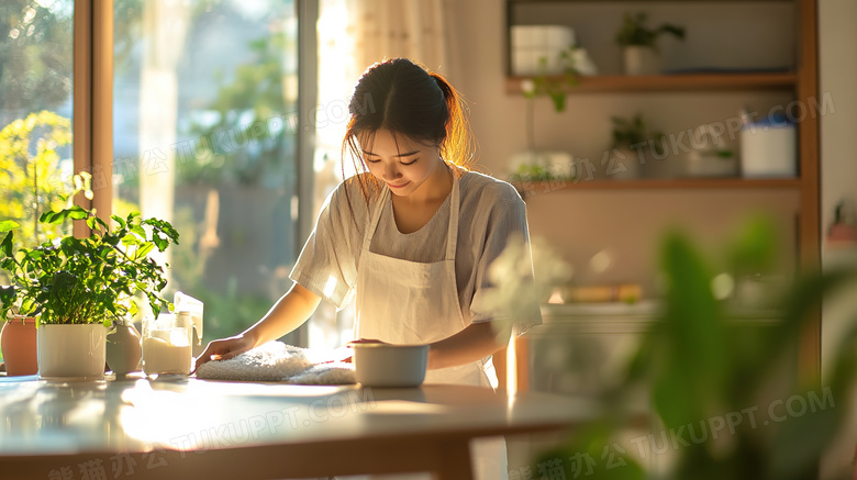 居家生活女孩低头擦桌子里图片