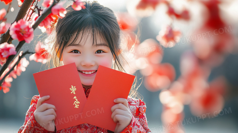 中国农历新年女孩拿着红包喜庆图片