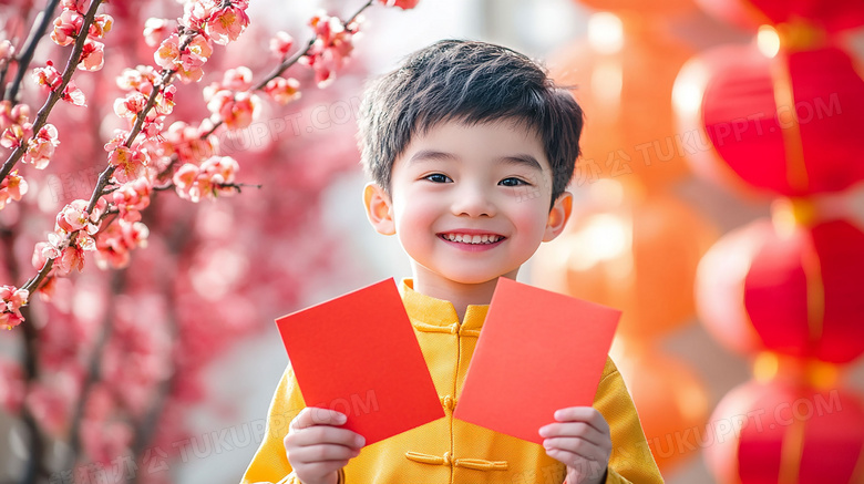 中国农历新年男孩拿着红包喜庆图片