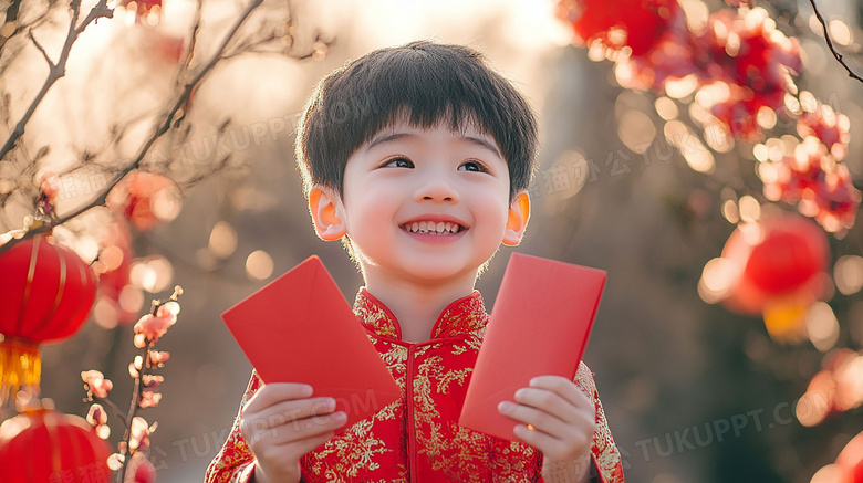 中国农历新年男孩拿着红包喜庆图片