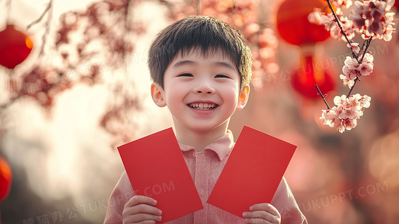 中国农历新年男孩拿着红包喜庆图片