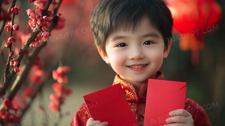 中国农历新年男孩拿着红包喜庆图片