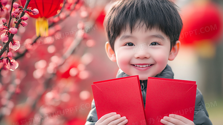 中国农历新年男孩拿着红包喜庆图片