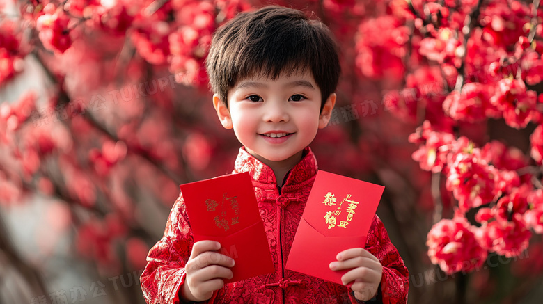 中国农历新年男孩拿着红包喜庆图片