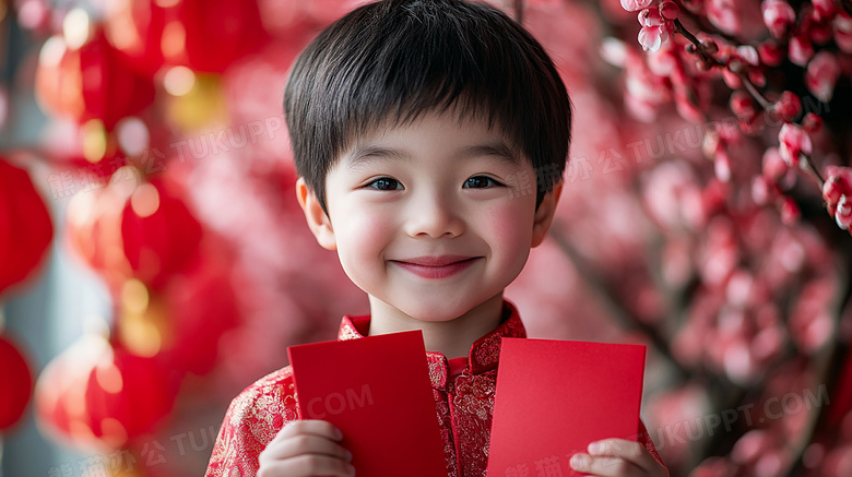 中国农历新年男孩拿着红包喜庆图片