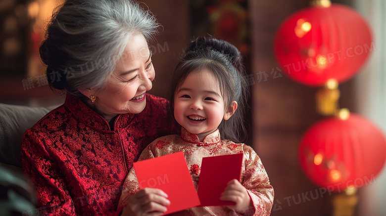 中国农历新年奶奶和孙女拿着红包图片