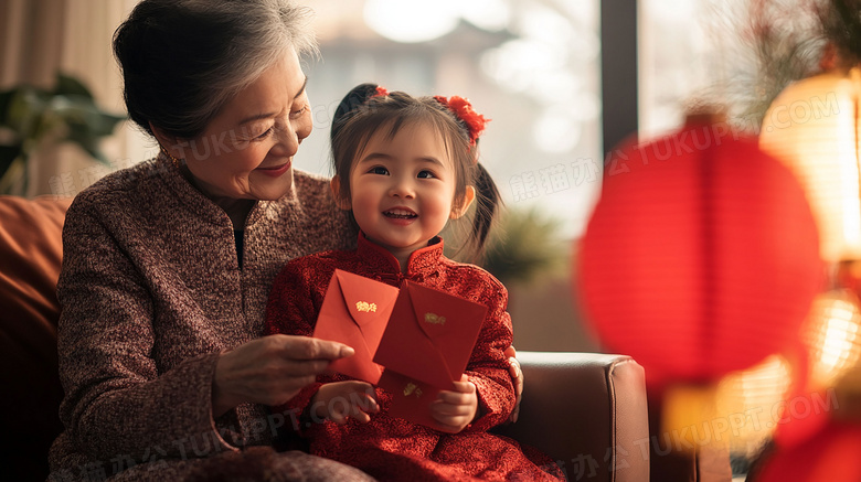 中国农历新年奶奶和孙女拿着红包图片