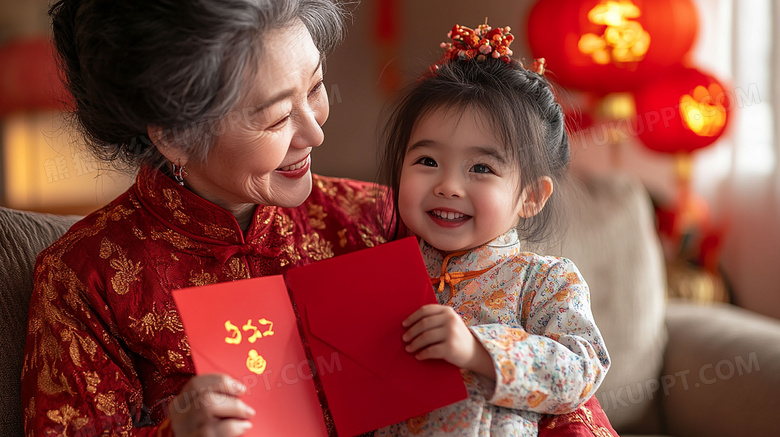 中国农历新年奶奶和孙女拿着红包图片