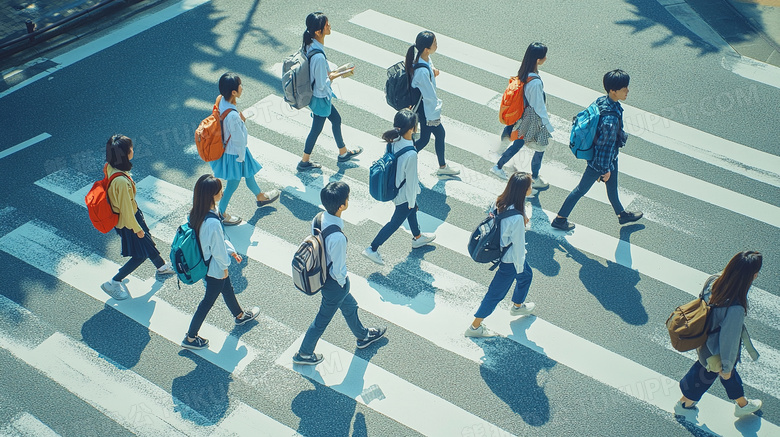 上学放学过马路的中学生图片