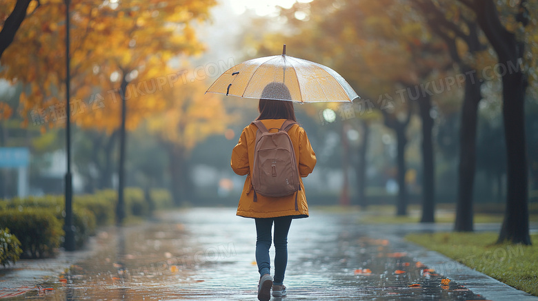 下雨撑伞上学放学的小学生图片