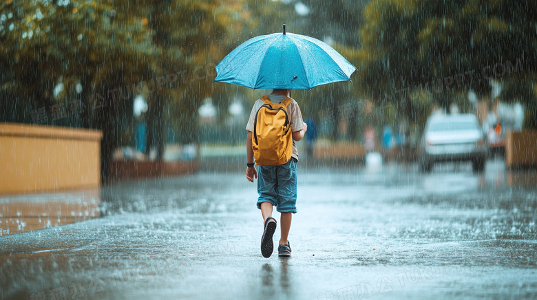 下雨撑伞上学放学的小学生图片