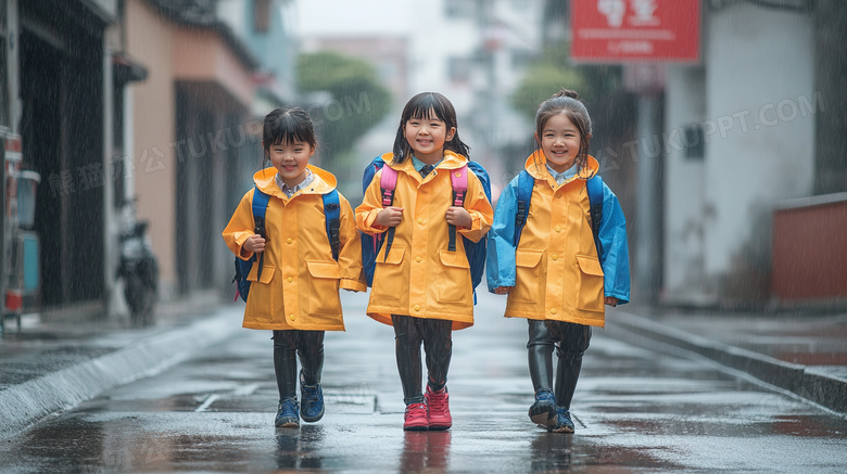 下雨天放学上学穿雨衣的学生图片